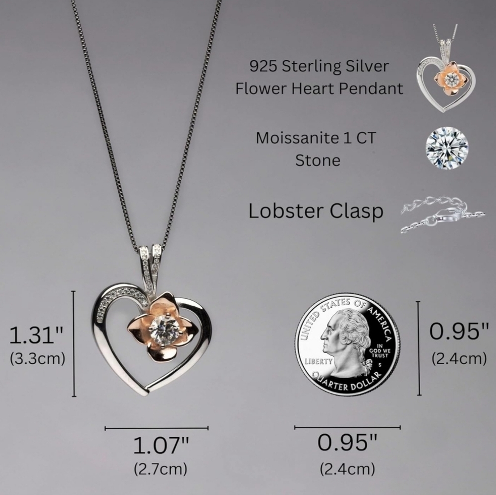 MOISSANITE 1 CT Sterling Silver Heart and Flower Necklace NEW - Picture 4 of 4